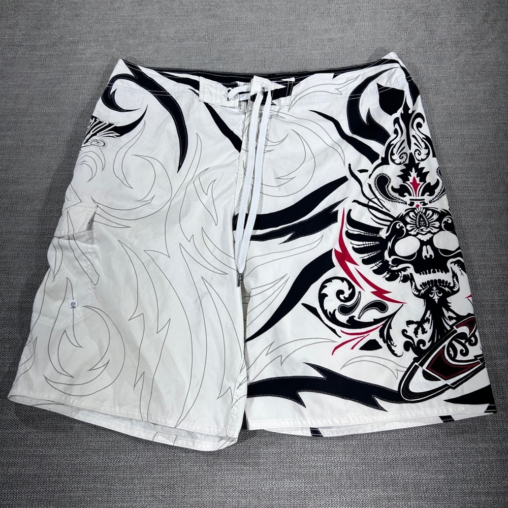 O'Neill Board Shorts Mens 36 White Skull Tribal Graphic Y2K Cargo Swim Trunks